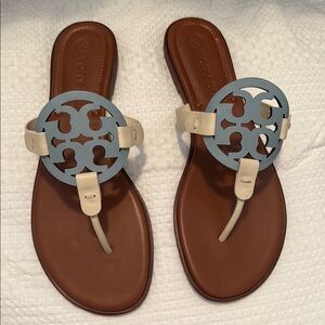 Tory Burch Miller Blue and Cream Sandals with Signature Medallion